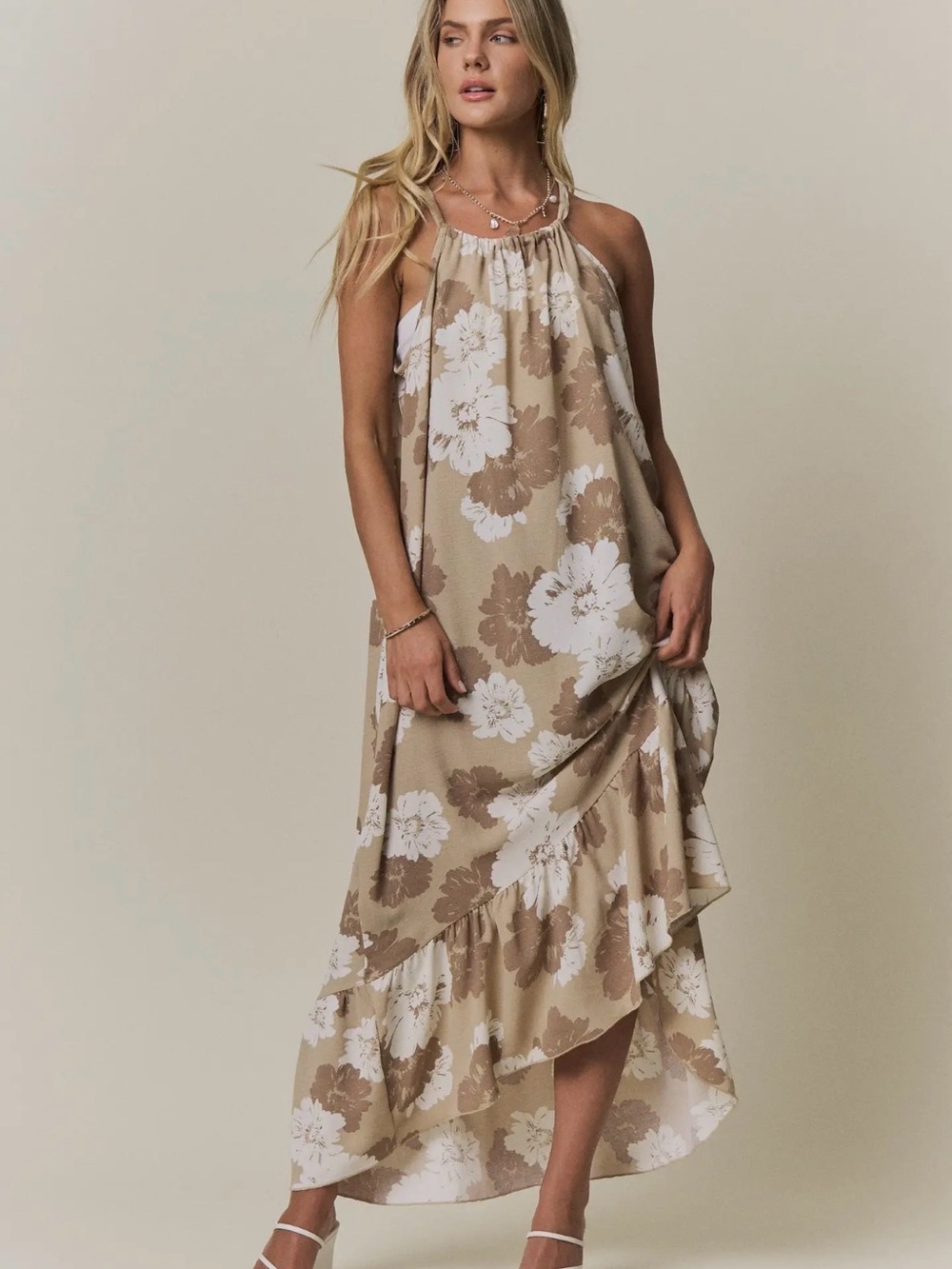 Beige halter ruffle hem floral boho chic flowy western midi summer maxi dress